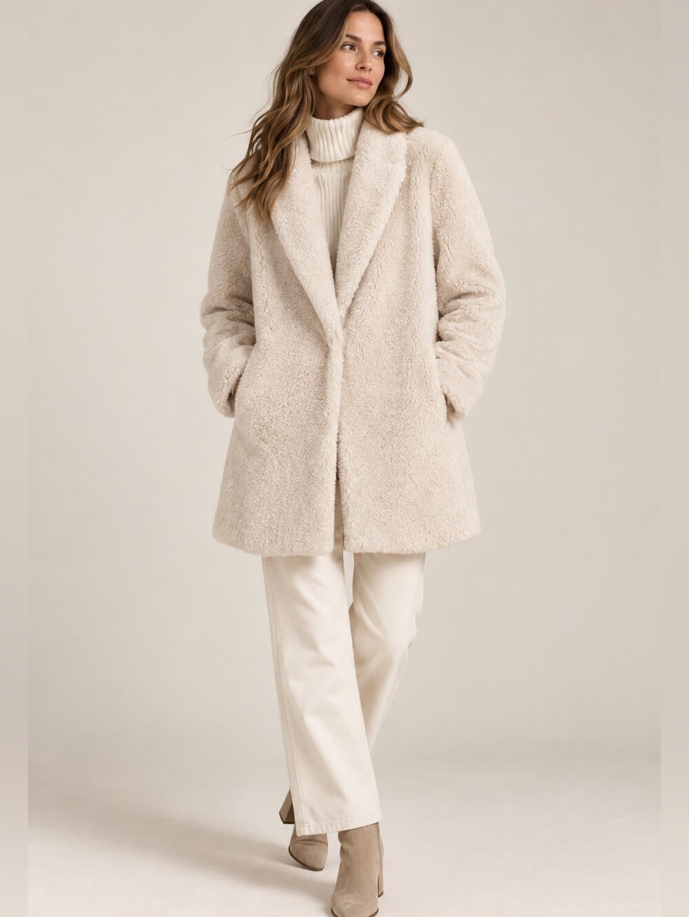 JOE'S JEANS Pascale Plush Faux Fur Shearling Mid Length Teddy Coat Ivory Cream M